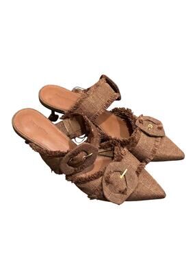 Mara & Mine Brown Canvas Raw-Edge Trim Mules - size 10